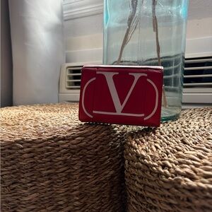 Valentino Red Leather Card Case with White V Emblem